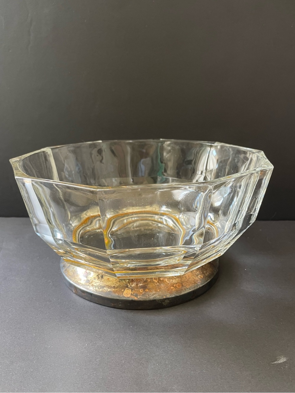 Vintage Octagonal Crystal Fruit Decorative Bowl  Silver plated Trim 9 “ Italy